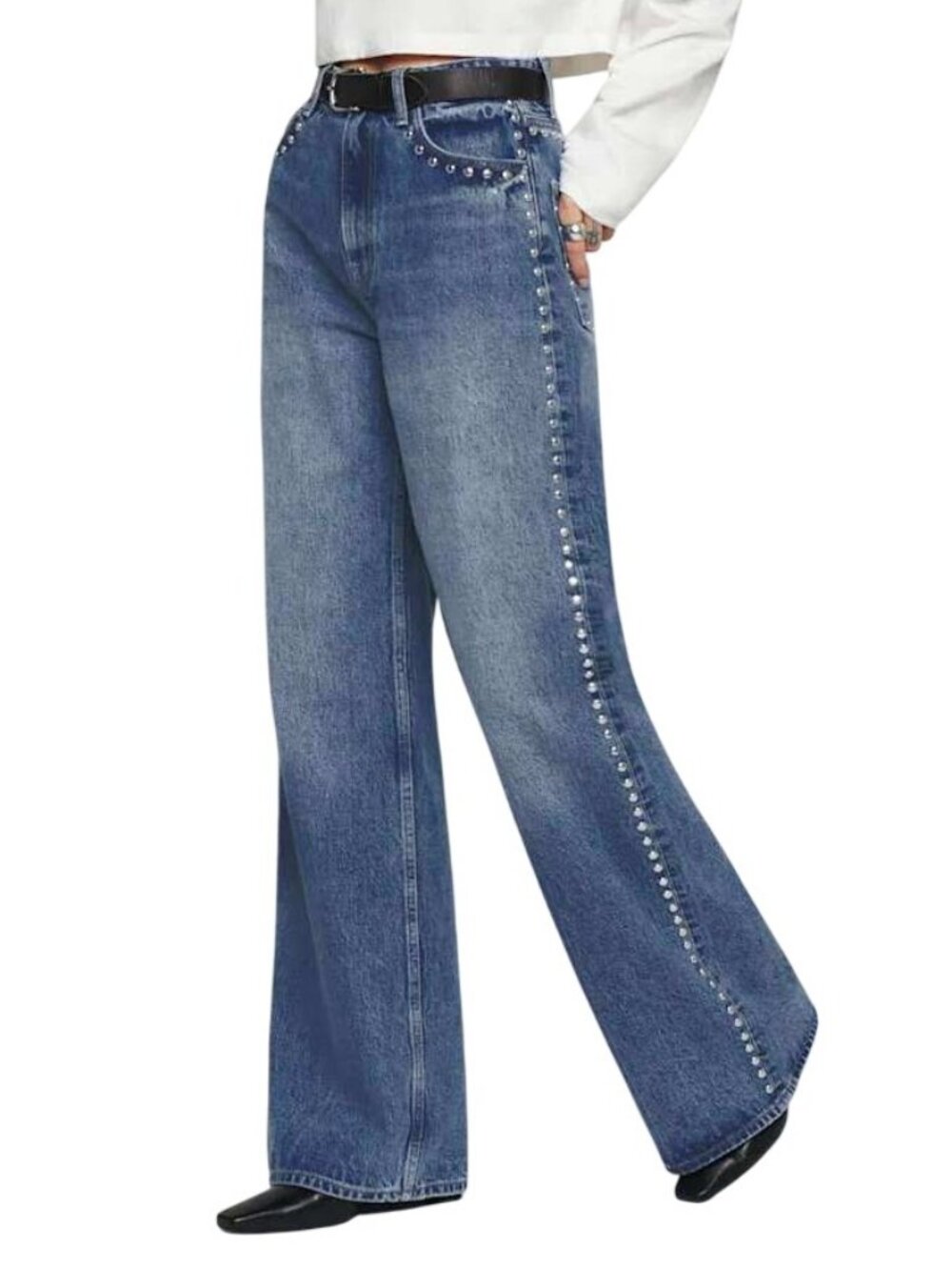 Reformation Cary High Rise Slouchy Wide Leg Jeans Chesapeake Studded 31